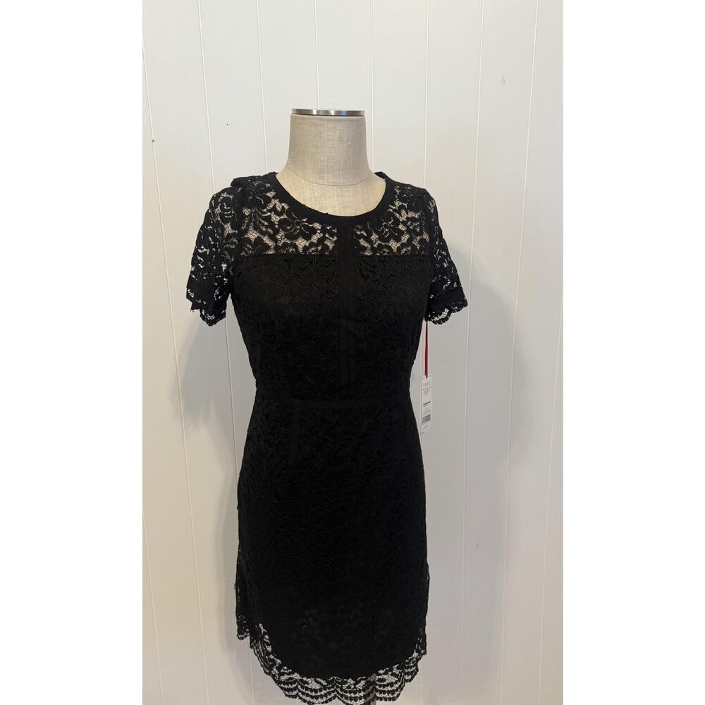 Elle Dress Womens 6 Black Lace Short Sleeve Sheath Little Black Dress Party New - Picture 2 of 11